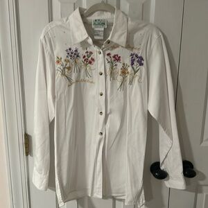 Quacker Factory Western Style Grannycore Button Down Floral White Shirt Small
